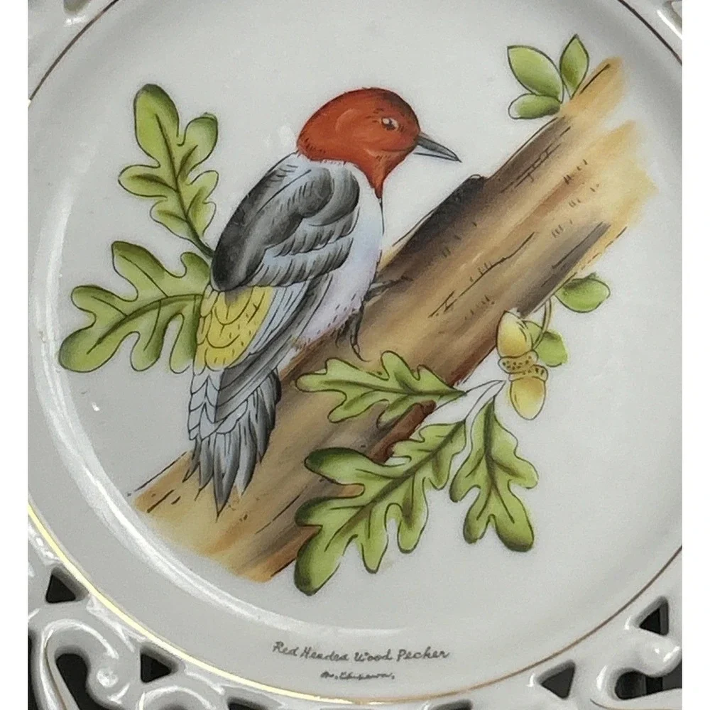 Red Headed Woodpecker Collector Plate Porcelain Gold Trim Signed Wall Napco VTG